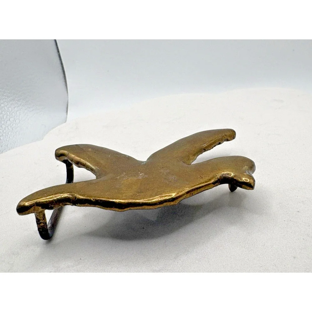 Brass Flying Bird Belt Seagull Beaked Bird Buckle Wood Base Vintage 3.5